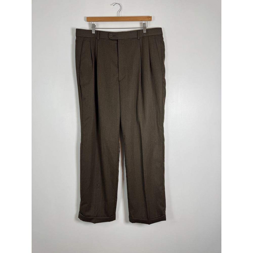 Dark Academia Croft & Barrow Mens 38x32 Wool Pleated Trousers Brown Cuffed
